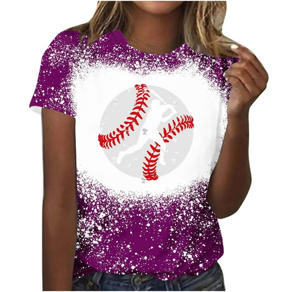 QQAMB Womens Tops Short Sleeve Crewneck Baseball Graphic Printed Casual Tee T Shirt Summer Fashion Blouse Purple L