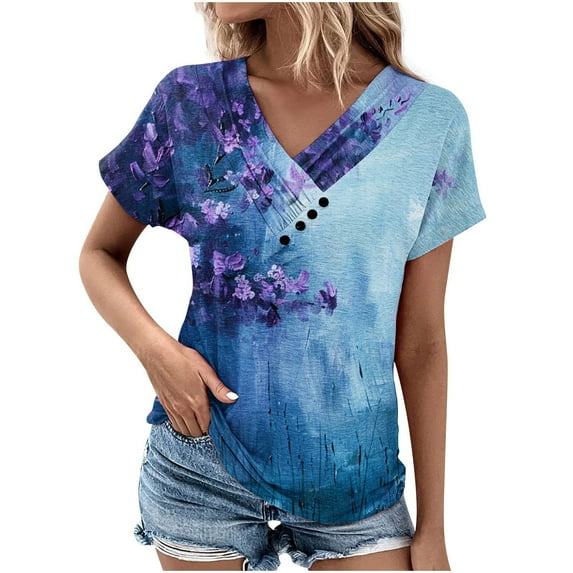 QQAMB Womens Tops Short Sleeve Tunic V-Neck Tee Oversized Shirt Dressy Floral Print Casual T shirt Fashion Basic Blouse Blue M