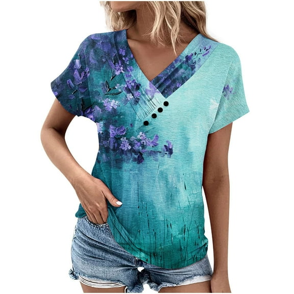 QQAMB Womens Tops Short Sleeve Tunic V-Neck Tee Oversized Shirt Dressy Floral Print Casual T shirt Fashion Basic Blouse Green L