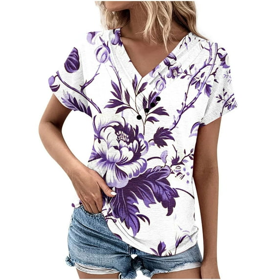 DeHolifer Womens Tops Short Sleeve Tunic V-Neck Tee Oversized Shirt Dressy Floral Print Casual T shirt Fashion Basic Blouse Purple S
