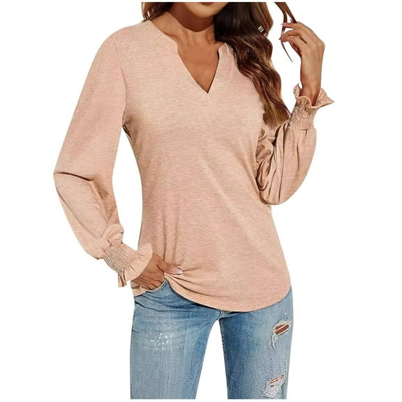 DeHolifer Womens Tops Solid Color V-Neck Long Sleeve Ruffle Sleeve Loose Casual Shirt Tops Beige XL