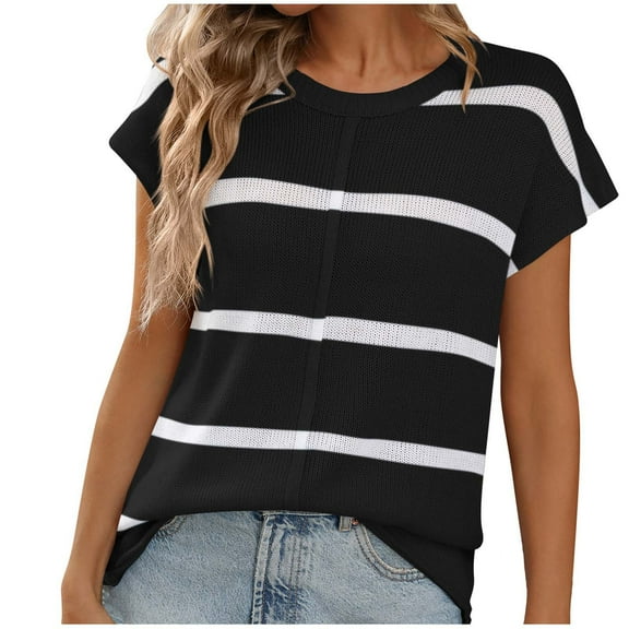 QQAMB Womens Tops Strip Print Crewneck Short Sleeve Raglan Sleeve Loose Casual T Shirt Black XL