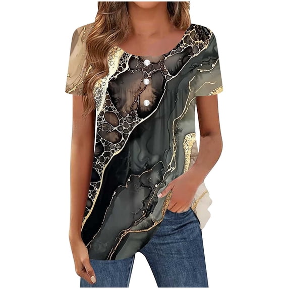 DeHolifer Womens Tops Summer Casual Floral Printed Crewneck Button Up Pleated Lightweight Loose T-Shirts Khaki S