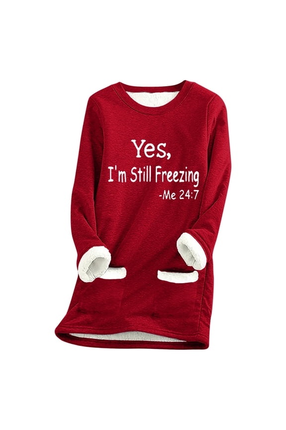 DeHolifer Womens Tops Thermal Fleece Lined Underwear Winter Long Sleeve Crewneck Funny Letter Print Thick Warm Base Layer Blouse Top with Pocket Red L