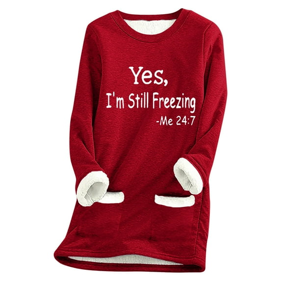 DeHolifer Womens Tops Thermal Fleece Lined Underwear Winter Long Sleeve Crewneck Funny Letter Print Thick Warm Base Layer Blouse Top with Pocket Red M