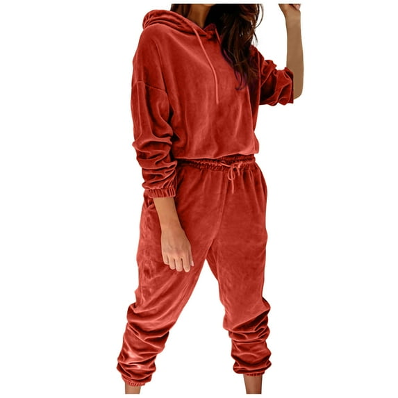 DeHolifer Womens Tracksuit 2 Piece Solid Outfits Zip Drawstring Hoodie Jogging Sweatsuit Long Sleeve Casual Sweat Suits Red Large