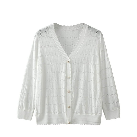 DeHolifer Womens V-Neck Cardigan Button Up Long Sleeve Loose Knit Sweater Open Front Solid Color Lightweight Cardigans White Free Size