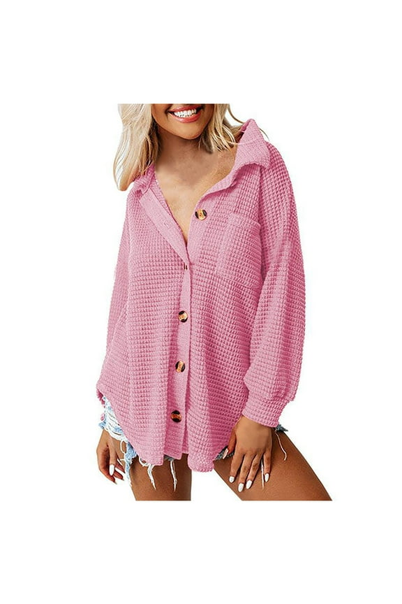Womens Waffle Knit Shacket Jacket Casual Long Sleeve Button Down Shirts Dressy Blouses Tops Pink XL