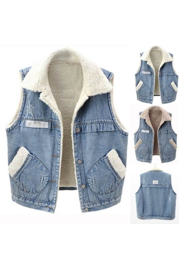 DeHolifer Womens Warm Sherpa Fleece Jean Vest Sleeveless Lapel Lightweight Jacket Outwear with Pockets White S