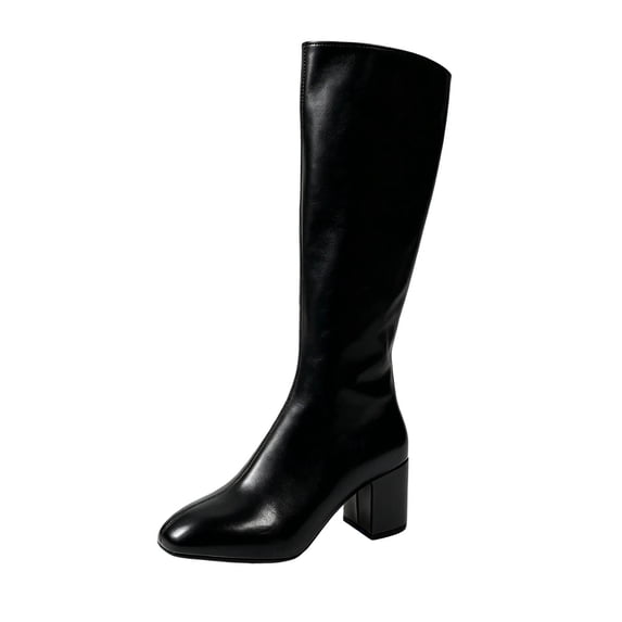 DeHolifer Womens Wide Calf Knee High Boots Chunky High Heel Square Toe Fashion Leather Shoes with Side Zipper