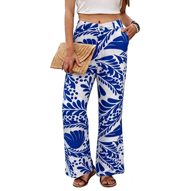 DeHolifer Womens Wide Leg Pants High Elastic Waist Adjustable Casual Flowy Trousers Business Work Pants with Pockets Blue S