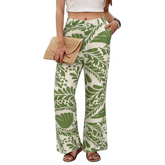 DeHolifer Womens Wide Leg Pants High Elastic Waist Adjustable Casual Flowy Trousers Business Work Pants with Pockets Green L