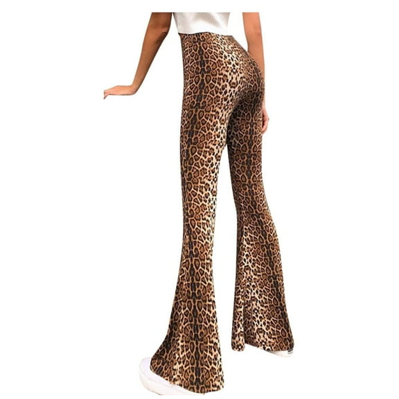 DeHolifer Yoga Pants for Women Flare Leopard Print Soft High Waist Wide Leg Bootcut Leggings Long Palazzo Pants Coffee M