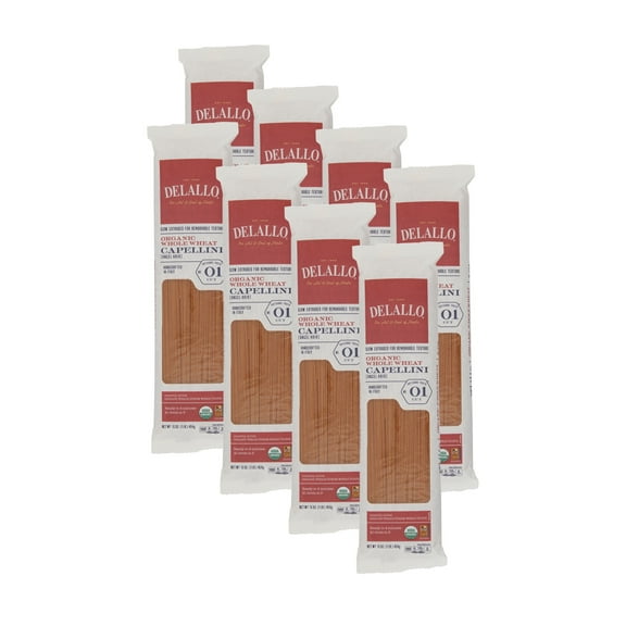 DeLallo, 100% Organic, Whole Wheat Capellini, Angel Hair Pasta, Made in Italy, 1 lb Bag, 8 Pack