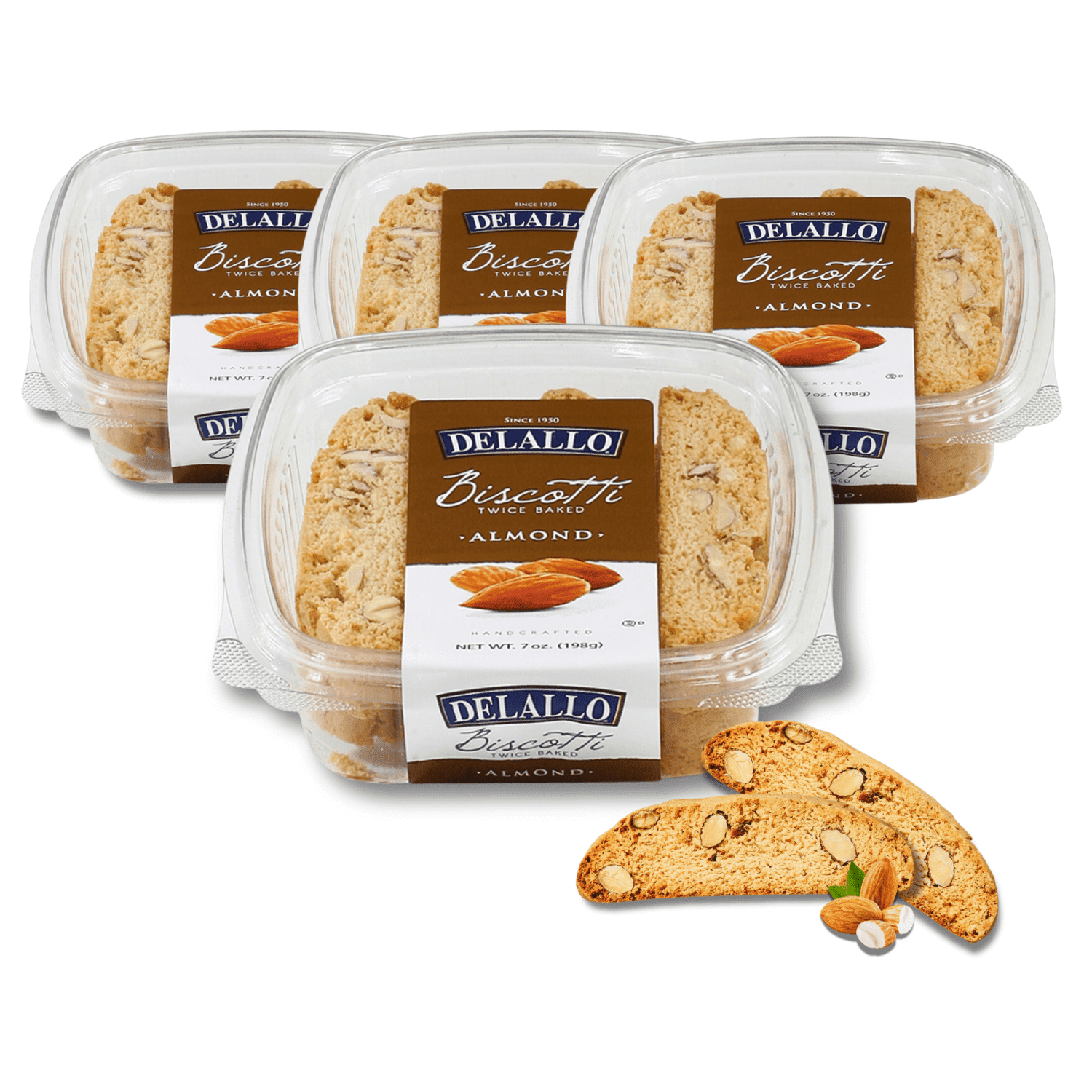 DeLallo Almond Biscotti Cookies, Non-GMO, 7 oz Container, (4 Pack)
