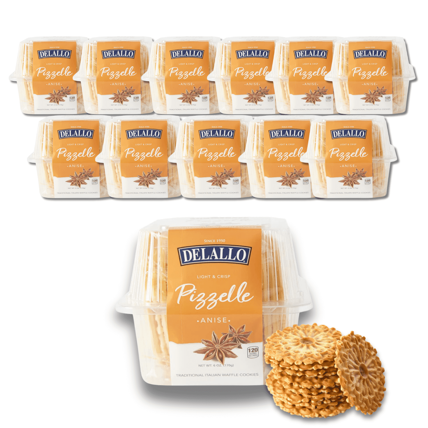 DeLallo Anise Pizzelle Cookies, Non-GMO, Kosher, 6 oz Container, (12 Pack)