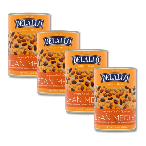 DeLallo Bean Medley, Mix of Red Kidney, Butter, Borlotti, Chickpeas, Cannelini Beans, 14 oz Can, (4 Pack)