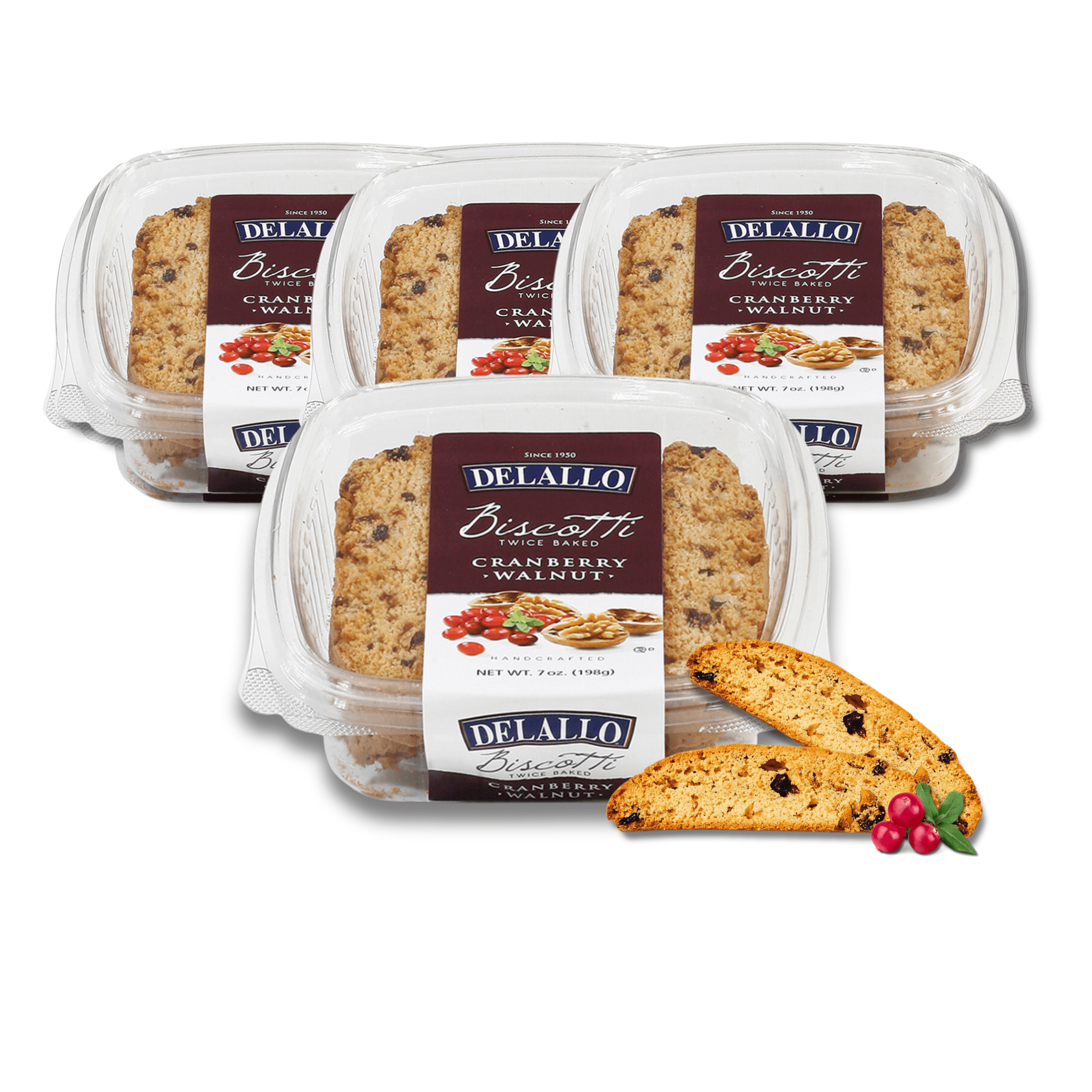 DeLallo Cranberry Walnut Biscotti Cookies, Non-GMO, 7 oz Container (4 Pack)