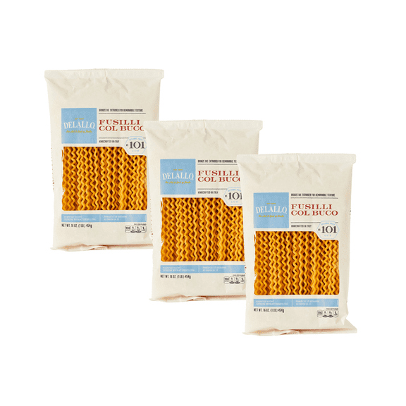 DeLallo Fusilli Col Buco Pasta, Made in Italy, Non-GMO, Kosher, 1 lb Bag, (3 Pack)