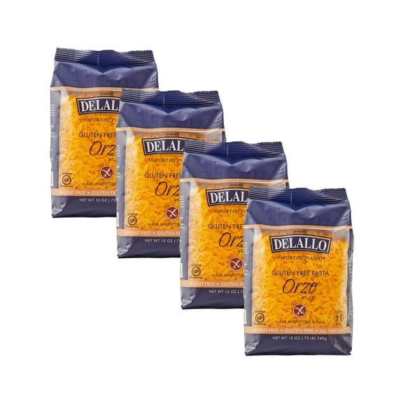 DeLallo Gluten Free Orzo Pasta, Non-GMO, Made with Corn and Rice Flour, 12 oz Bag, (4 Pack)