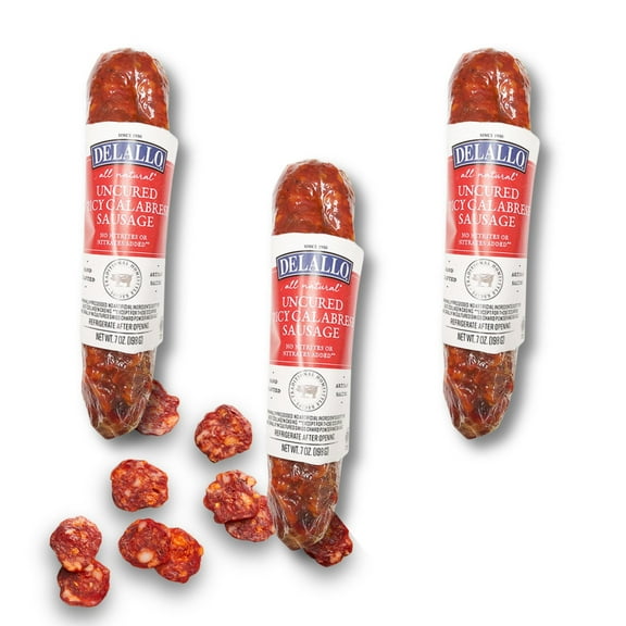DeLallo Hot Calabrese, Italian Dried Sausage, Nitrate Free, 7 oz Stick, (3 Pack)