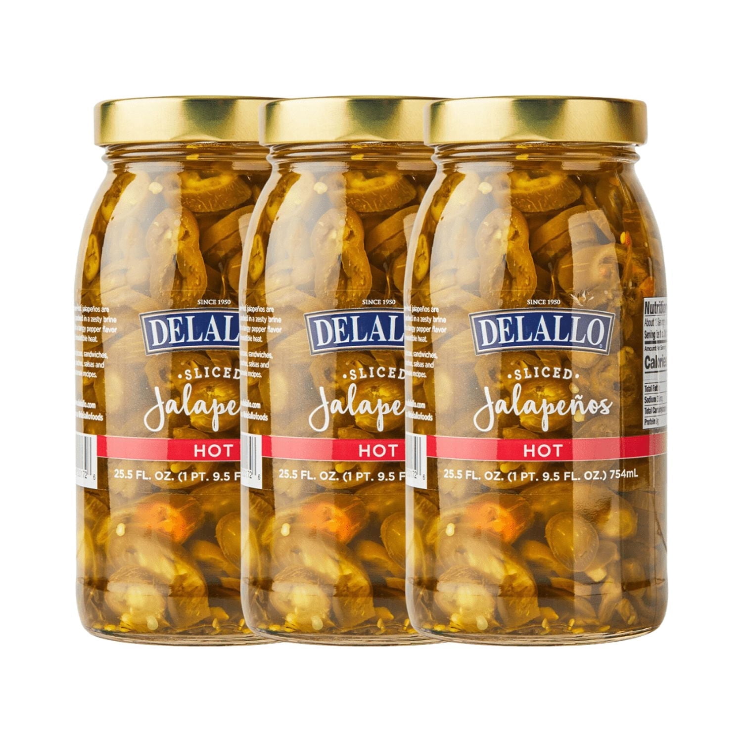 DeLallo Hot Sliced Jalapeno Peppers, Non-GMO, Gluten-Free, Vegan, 25.5 oz Jar, (3 Pack)