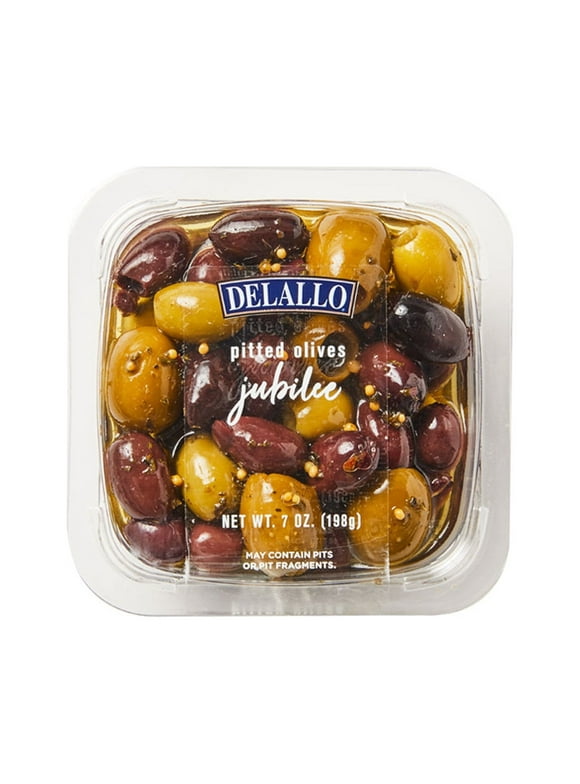 DeLallo, Marinated Pitted Olives Jubilee, with Kalamata, Nicoise, Picholine, & Green Olives, 7 oz Container