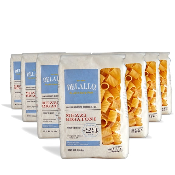 DeLallo Mezzi Rigatoni Pasta, Non-GMO, Kosher, 16 oz Bag, (7 Pack)