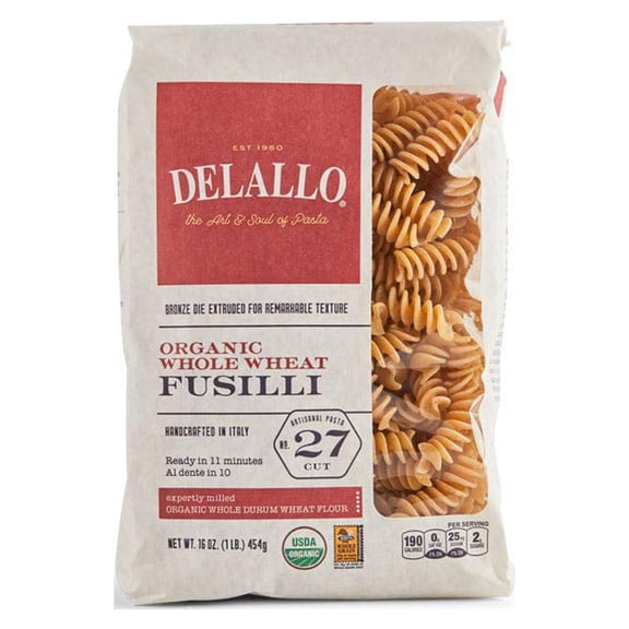 DeLallo Organic Whole Wheat Fusilli Pasta 1 lb. Pack of 3