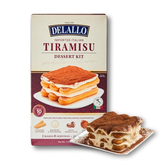 DeLallo Tiramisu Kit, No-Bake GGA1 Italian Dessert Mix, Tiramisu Cake Mix with Savoiardi Lady Fingers and Mascarpone Cheese Filling, Includes Instant Espresso Powder and Cocoa Powder (1 Pack)