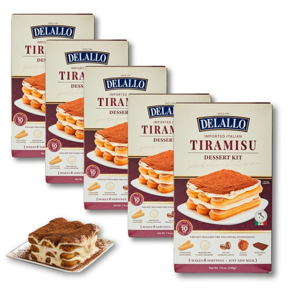 DeLallo Tiramisu Kit, No-Bake Italian Dessert Mix, Tiramisu Cake Mix with Savoiardi Lady Fingers and Mascarpone Cheese Filling, Includes Instant Espresso Powder and Cocoa Powder (5 Pack)