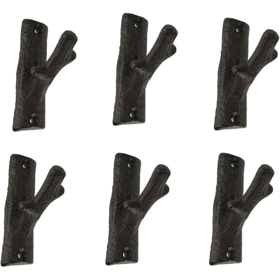DeLeon Set of 6 Rustic Brown Cast Iron Tree Branch Wall Hooks - Ideal for Western Dcor - 3.25 Inches High - Adding Practical Charm and Earthy Elegance to Your Home