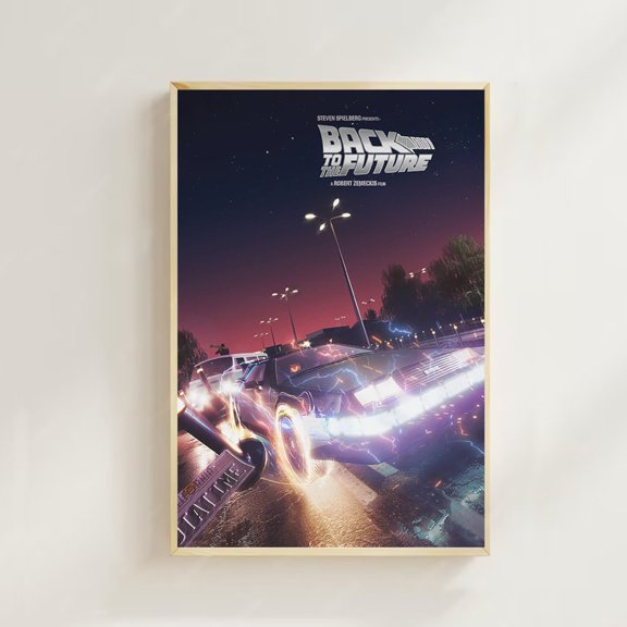 DeLorean Automobile Time Machine Lightning Bolt Clock Tower Wall Art, Unframed Poster