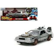 DeLorean Brushed Metal Time Machine Train Wheel Version with Lights "Back to the Future Part III" 1990 Movie "Hollywood Rides" Series 1/24 Diecast Model Car by Jada