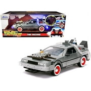 DeLorean Brushed Metal Time Machine with Lights Back to the Future Part III" 1990 Movie "Hollywood Rides" Series 1/24 Diecast Model Car by Jada"
