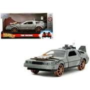 DeLorean DMC Time Machine Brushed Metal Train Wheel Version Back to the Future Part III 1990 Movie Hollywood Rides Series 1/32 Diecast Model Car by Jada