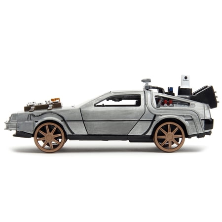DeLorean DMC (Time Machine) Brushed Metal Train Wheel Version "Back to the Future Part III" (1990) Movie "Hollywood Rides" Series 1/32 Diecast Model Car by Jada