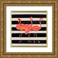 thumbnail image 1 of DeRice, Julie 12x12 Gold Ornate Wood Framed with Double Matting Museum Art Print Titled - Fondly Flamingo Trio Square on Stripe, 1 of 4