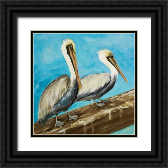 DeRice, Julie 15x15 Black Ornate Wood Framed with Double Matting Museum Art Print Titled - Pelicans on Post II