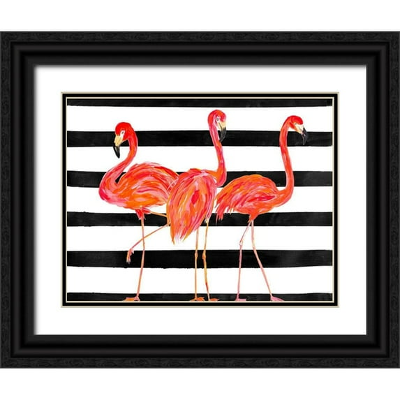 DeRice, Julie 18x15 Black Ornate Wood Framed with Double Matting Museum Art Print Titled - Fondly Flamingo Trio on Stripe