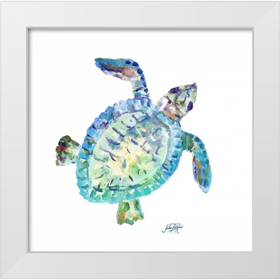 DeRice, Julie 26x26 White Modern Wood Framed Museum Art Print Titled - Sea Life in Blues II (turtle)