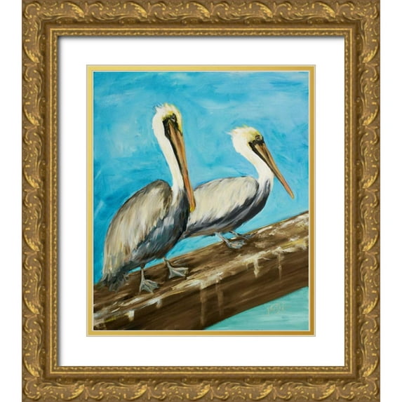 DeRice, Julie 26x30 Gold Ornate Wood Framed with Double Matting Museum Art Print Titled - Two Pelicans on Dock Rail