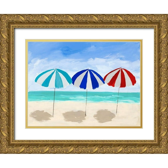 DeRice, Julie 32x25 Gold Ornate Wood Framed with Double Matting Museum Art Print Titled - Beach Umbrella Trio