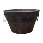 DeVault Enterprises Small Round Brown Acacia Wood Barrel Planter with Metal Banding and Handles