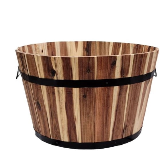 DeVault 23-Inch Premium Acacia Wood Planter with Metal Banding and Handles, Outdoor Decorative Wood Planter Pot