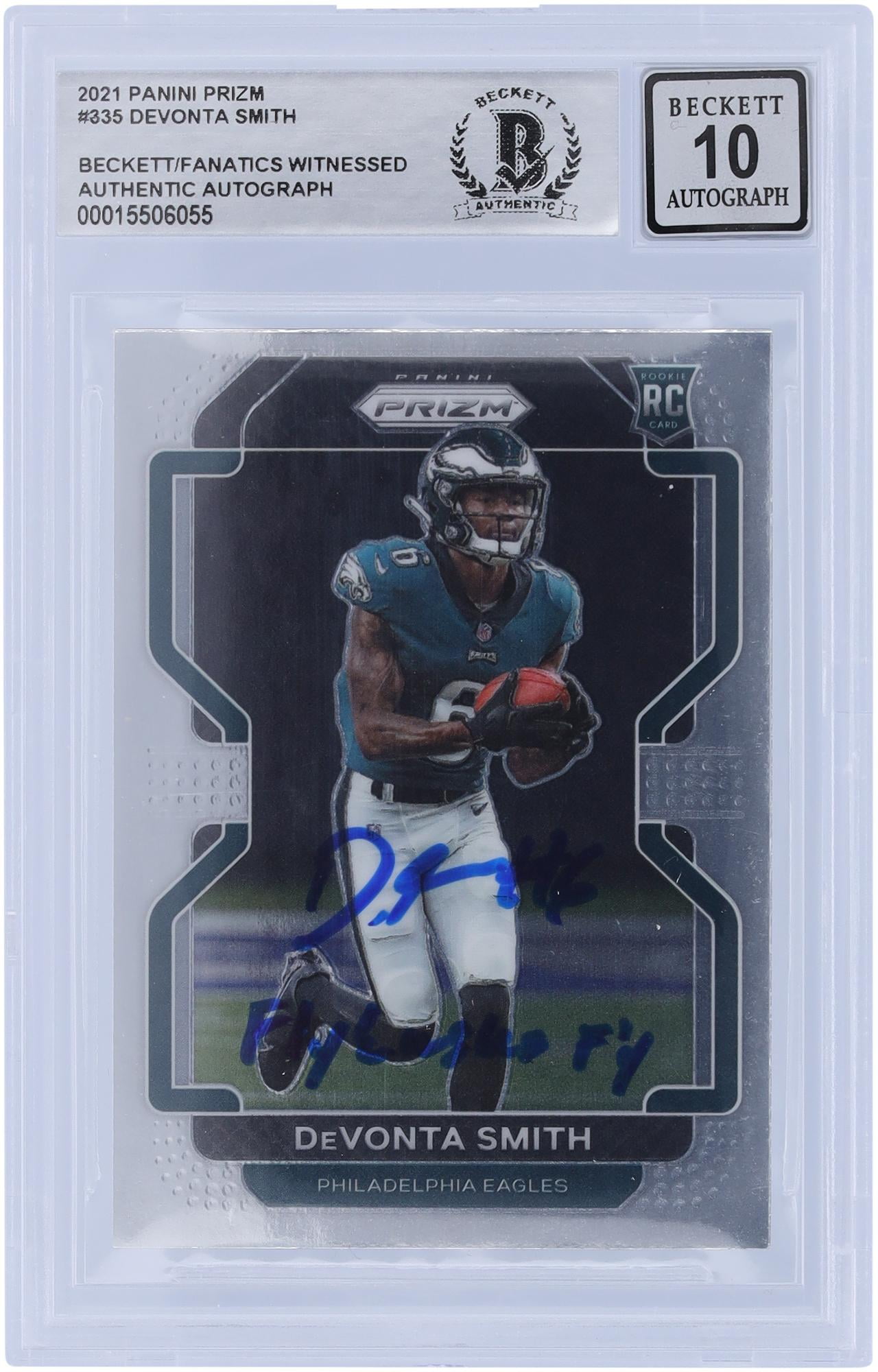 DeVonta Smith Philadelphia Eagles Autographed 2021 Panini Prizm #335 Beckett Fanatics Witnessed Authenticated 10 Rookie Card with "Fly Eagles Fly" Inscription - Fanatics Authentic Certified