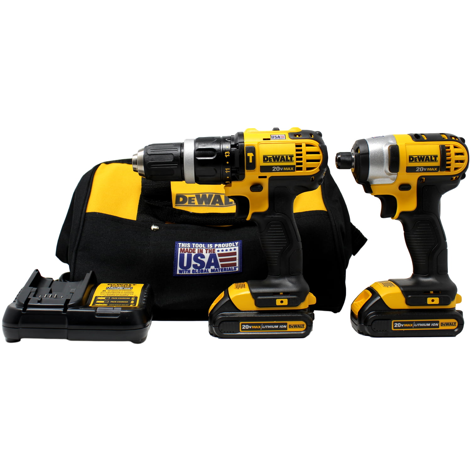 DeWALT 20V Max Compact Hammer Drill  Impact Driver Cordless Combo Kit with  (2) 20 Volt 1.5 Ah Lithium-Ion Batteries, Charger  Contractor Bag 