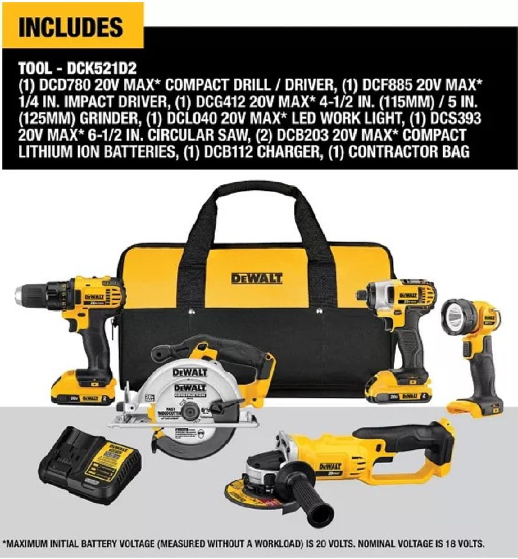 DeWALT DCK521D2 Cordless 20V Max Compact 5 Tool Combo Kit