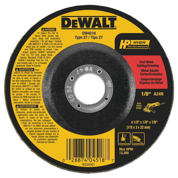 DeWALT DW4518 - HP 4-1/2" Type 27 Cut-Off Wheel (1/8" Thickness, 7/8" Arbor, Aluminum Oxide)