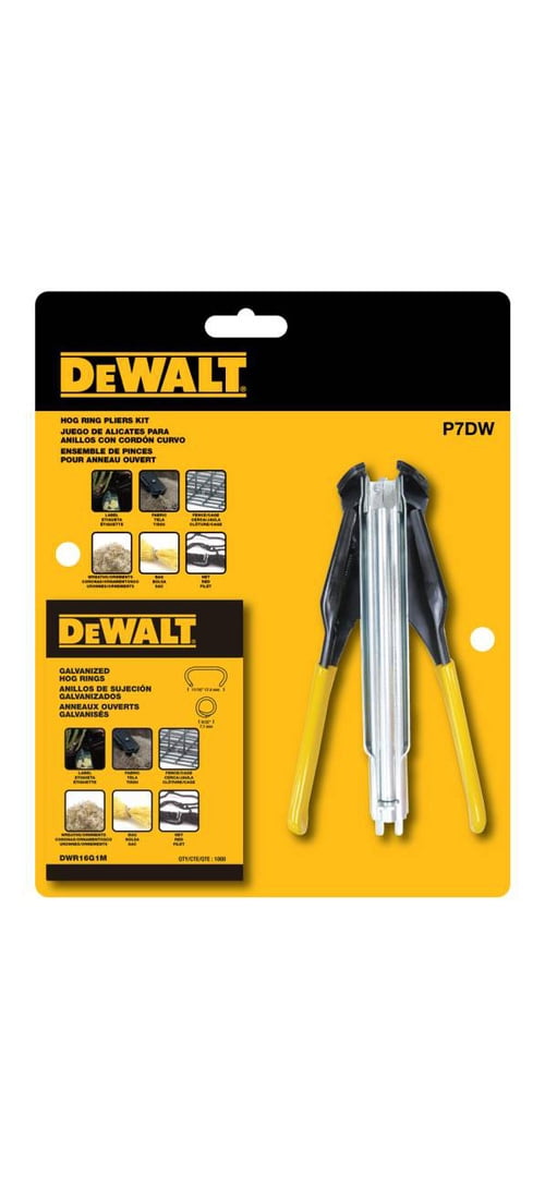 DEWALT Hog Ring Pliers Kit P7DW - Case Hardened Steel, Rubber Grip - 1000 Rings, Multicolor